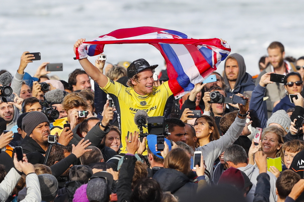 John John Florence celebrating his World Title Victory and event victory during the Meo Rip Curl Pro Portugal.